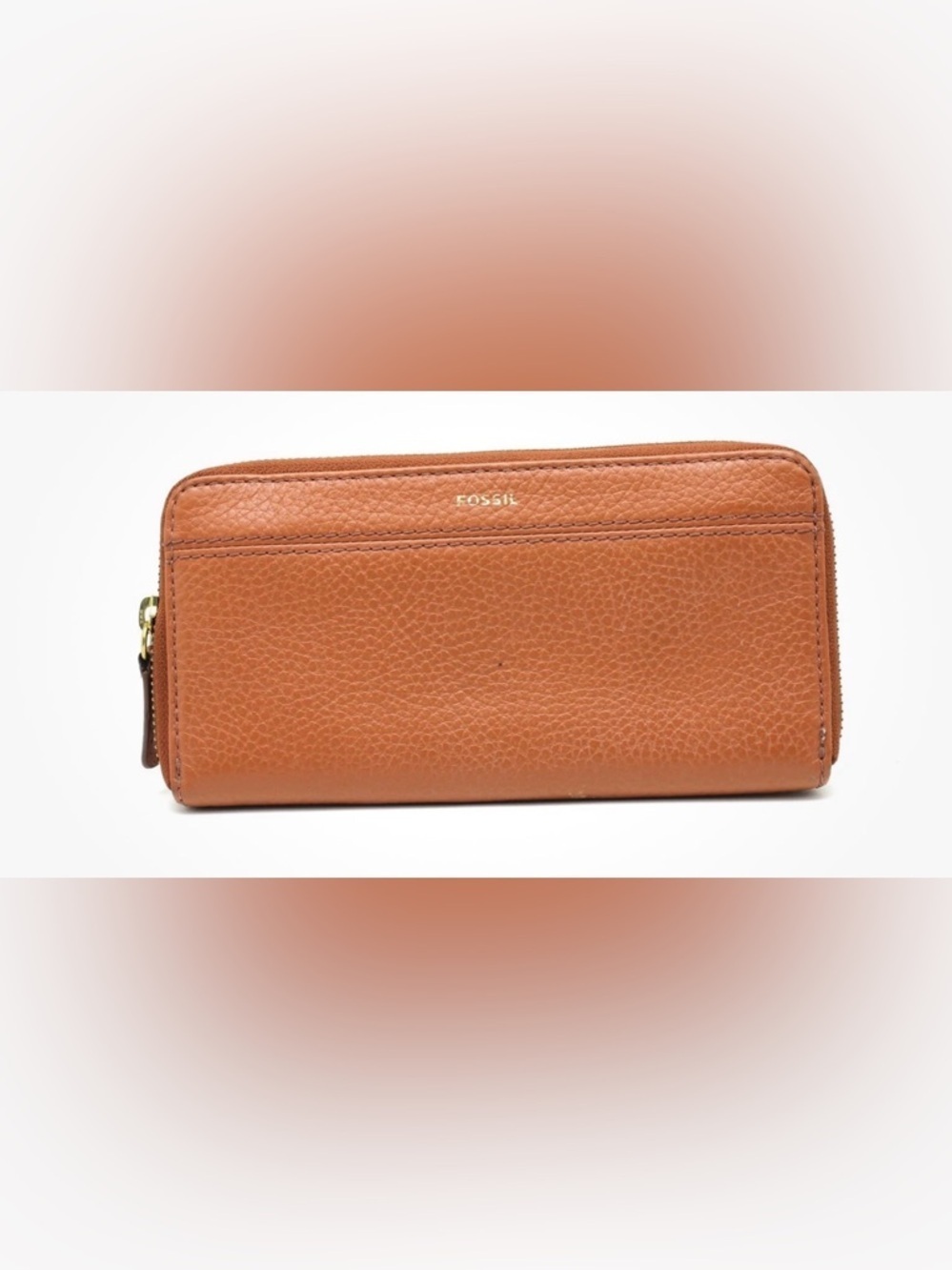 Fossil Burnt Orange Pebbled Leather Zip Wallet with Gold Accent